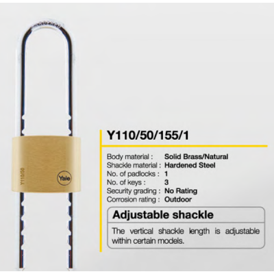 Yale Adjustable Shackle Padlock 50MM Y110/50/155/1